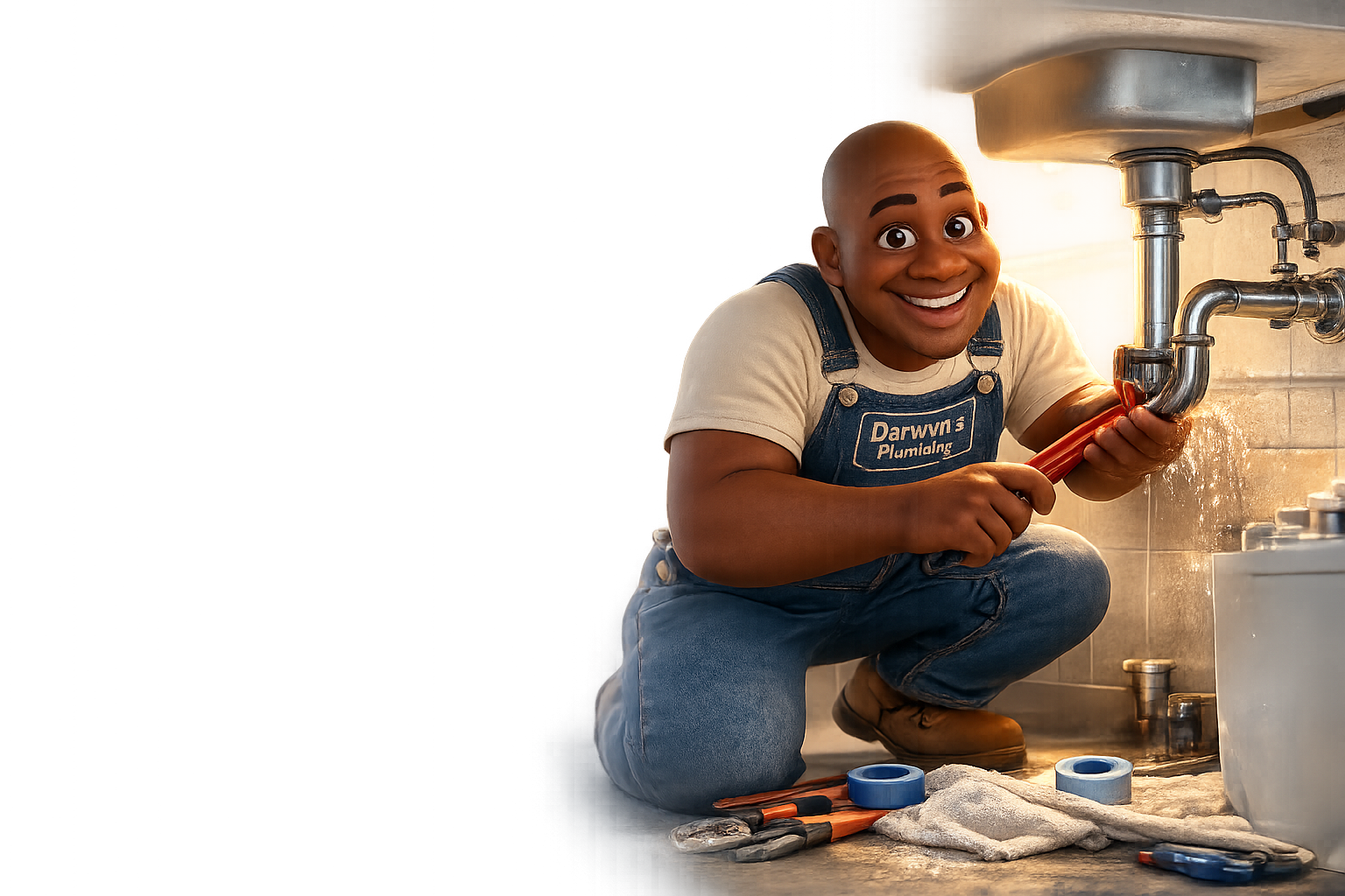 Darwyn's Plumbing mascot — friendly plumber fixing a sink